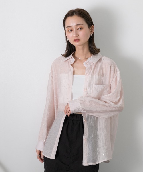 ad thie(アドティエ)の「ラインストーン付き シアーシャツ(シャツ/ブラウス・レディース・オフホワイト/ブラック/ライトブルー/ピンク・FREE)」の18枚目の写真