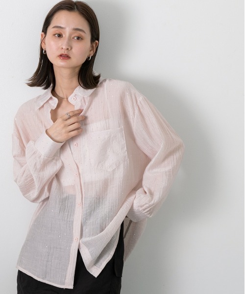 ad thie(アドティエ)の「ラインストーン付き シアーシャツ(シャツ/ブラウス・レディース・オフホワイト/ブラック/ライトブルー/ピンク・FREE)」の16枚目の写真