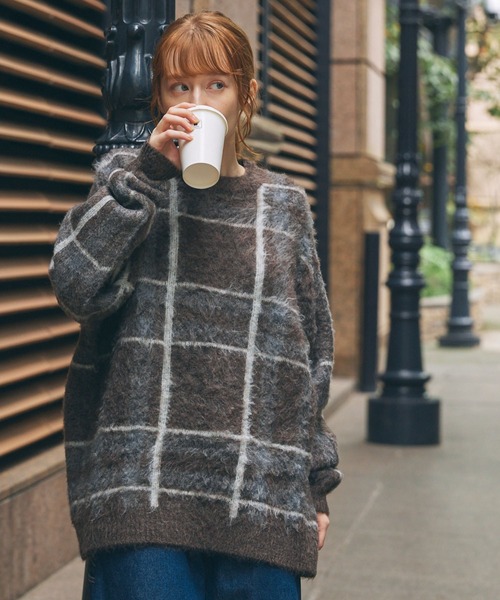 MONO-MART LADY'S(モノマートレディース)の「チェック柄 ジャガード オーバーサイズ ニットプルオーバー(ニット/セーター・レディース・カーキ系/ブラウン系/ネイビー系・FREE)」の18枚目の写真