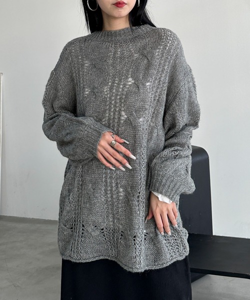 feepur(フェピュール)の「【ハンドウォッシャブル】ウール混ケーブルメッシュニット(ニット/セーター・レディース・グレー/ブラック/アイボリー/エンジ・MEDIUM)」の6枚目の写真
