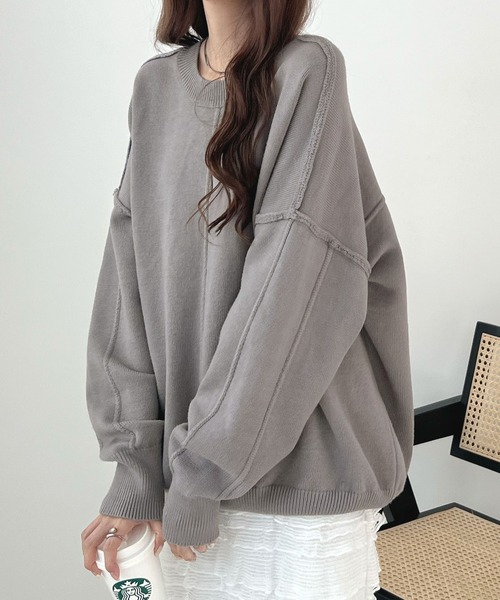 ABYS（アビス）の「モチモチで着心地抜群◎カラーパイピングススウェットニット（ニット/セーター・レディース・パープル/アイボリー/グレー・FREE）」の3枚目の写真