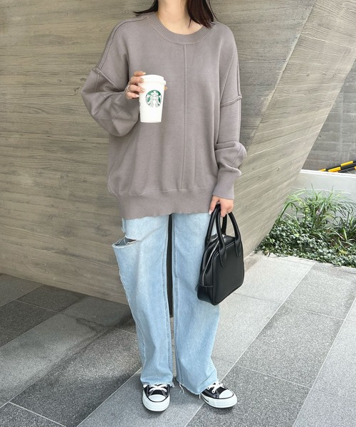 ABYS（アビス）の「モチモチで着心地抜群◎カラーパイピングススウェットニット（ニット/セーター・レディース・パープル/アイボリー/グレー・FREE）」の6枚目の写真