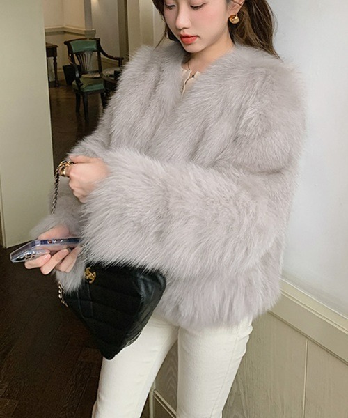 セール】フワフワぬくぬくファージャケット（ノーカラーコート