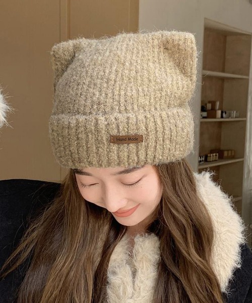 Miniministore（ミニミニストア）の「猫耳ビーニー リブニット帽子 レディース（ニットキャップ/ビーニー・レディース・ネイビー/ベージュ/オフホワイト/グレー/ピンク/ブラウン/ブラック・FREE）」の6枚目の写真