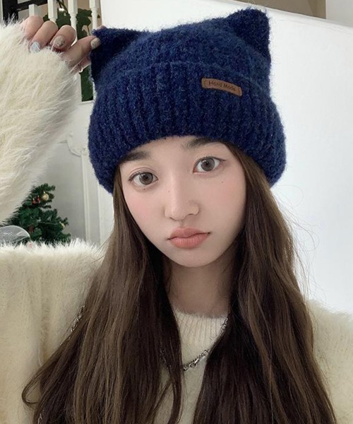 Miniministore（ミニミニストア）の「猫耳ビーニー リブニット帽子 レディース（ニットキャップ/ビーニー・レディース・ネイビー/ベージュ/オフホワイト/グレー/ピンク/ブラウン/ブラック・FREE）」の2枚目の写真