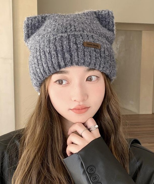 Miniministore（ミニミニストア）の「猫耳ビーニー リブニット帽子 レディース（ニットキャップ/ビーニー・レディース・ネイビー/ベージュ/オフホワイト/グレー/ピンク/ブラウン/ブラック・FREE）」の4枚目の写真