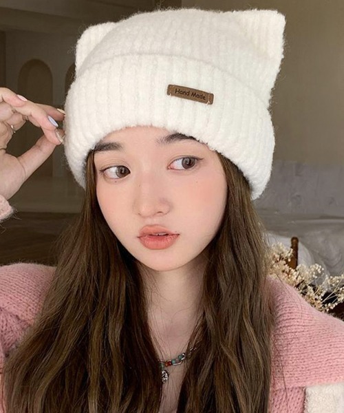 Miniministore（ミニミニストア）の「猫耳ビーニー リブニット帽子 レディース（ニットキャップ/ビーニー・レディース・ネイビー/ベージュ/オフホワイト/グレー/ピンク/ブラウン/ブラック・FREE）」の3枚目の写真