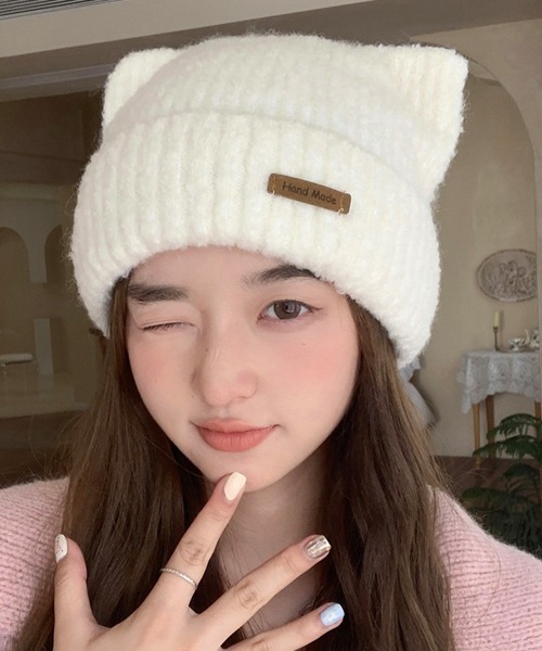 Miniministore（ミニミニストア）の「猫耳ビーニー リブニット帽子 レディース（ニットキャップ/ビーニー・レディース・ネイビー/ベージュ/オフホワイト/グレー/ピンク/ブラウン/ブラック・FREE）」の8枚目の写真