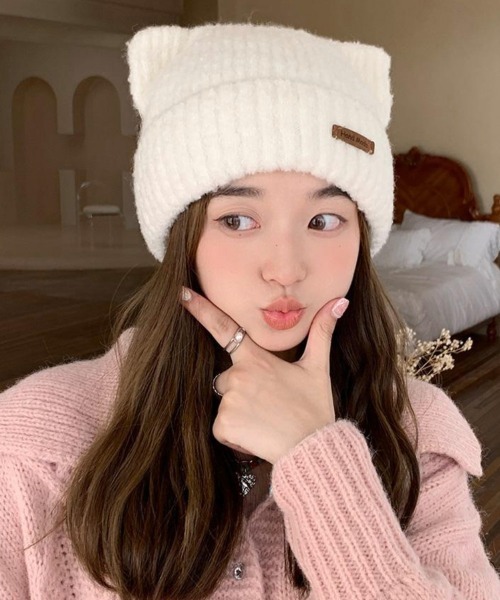 Miniministore（ミニミニストア）の「猫耳ビーニー リブニット帽子 レディース（ニットキャップ/ビーニー・レディース・ネイビー/ベージュ/オフホワイト/グレー/ピンク/ブラウン/ブラック・FREE）」の9枚目の写真