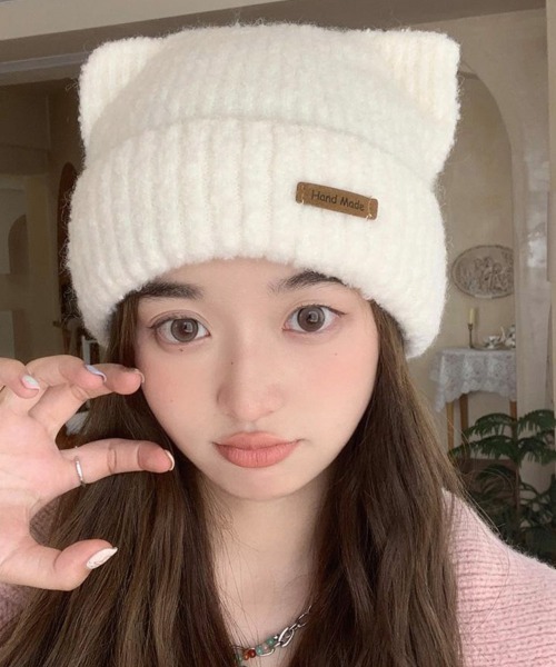 Miniministore（ミニミニストア）の「猫耳ビーニー リブニット帽子 レディース（ニットキャップ/ビーニー・レディース・ネイビー/ベージュ/オフホワイト/グレー/ピンク/ブラウン/ブラック・FREE）」の10枚目の写真