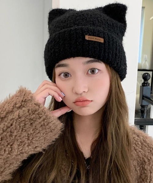 Miniministore（ミニミニストア）の「猫耳ビーニー リブニット帽子 レディース（ニットキャップ/ビーニー・レディース・ネイビー/ベージュ/オフホワイト/グレー/ピンク/ブラウン/ブラック・FREE）」の12枚目の写真