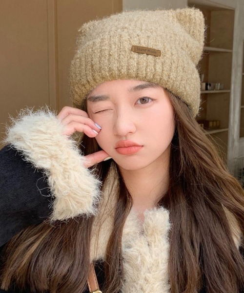 Miniministore（ミニミニストア）の「猫耳ビーニー リブニット帽子 レディース（ニットキャップ/ビーニー・レディース・ネイビー/ベージュ/オフホワイト/グレー/ピンク/ブラウン/ブラック・FREE）」の16枚目の写真