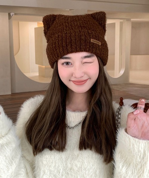 Miniministore（ミニミニストア）の「猫耳ビーニー リブニット帽子 レディース（ニットキャップ/ビーニー・レディース・ネイビー/ベージュ/オフホワイト/グレー/ピンク/ブラウン/ブラック・FREE）」の19枚目の写真