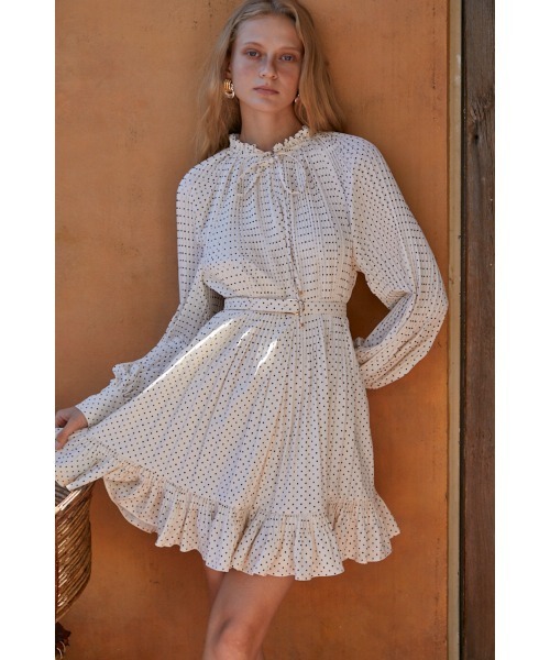 KAREN MILLEN* ショールカラー ラッフルフリルヘム ミディドレス ベージュブラックフロントファスナーミディアムドレス/rinfarre