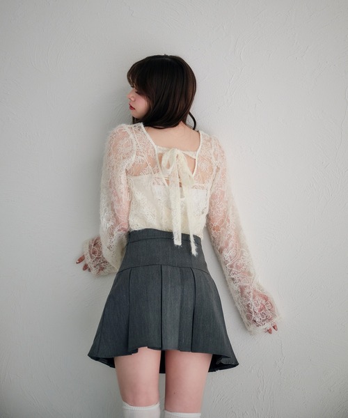fupel（フぺル）の「back ribbon mohair lace tops /バックリボンモヘアレーストップス（Tシャツ/カットソー・レディース・ブラック/アイボリー・FREE）」の3枚目の写真