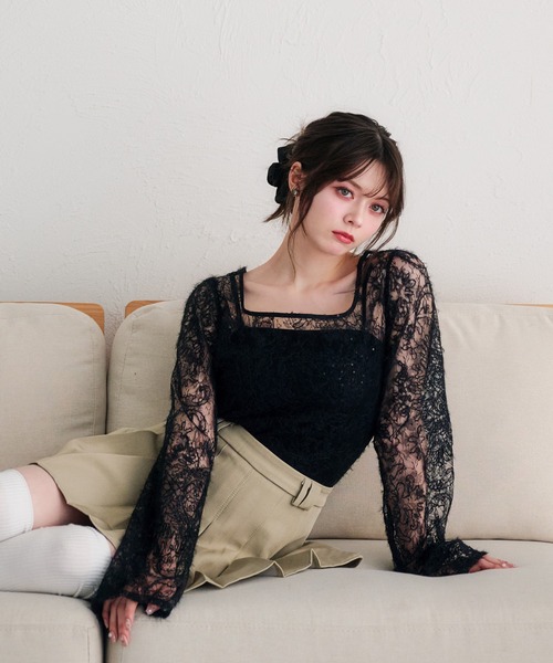 fupel（フぺル）の「back ribbon mohair lace tops /バックリボンモヘアレーストップス（Tシャツ/カットソー・レディース・ブラック/アイボリー・FREE）」の9枚目の写真