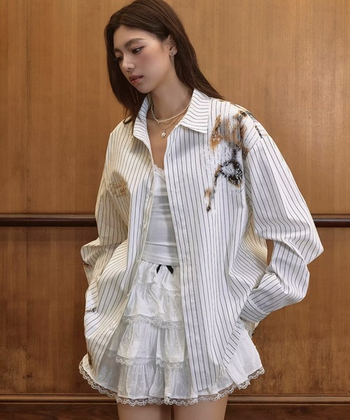 HARSH AND CRUEL（ハーシュアンドクルーエル）の「ダメージレース刺繍オープンカラーシャツ オーバーサイズ ユニセックス HC25S2TP05【Harsh and Cruel】（シャツ/ブラウス・メンズ・ホワイト・XL/L/M）」の3枚目の写真