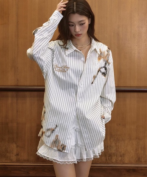 HARSH AND CRUEL（ハーシュアンドクルーエル）の「ダメージレース刺繍オープンカラーシャツ オーバーサイズ ユニセックス HC25S2TP05【Harsh and Cruel】（シャツ/ブラウス・メンズ・ホワイト・XL/L/M）」の4枚目の写真