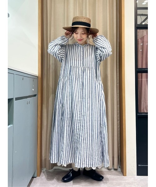 ぽろんサマンサモスモス★コットンリネン＊胸元刺繍＊ショールカラーワンピース セール】【Cross×Linen】ショールカラーワンピース ≪S/Mサイズ