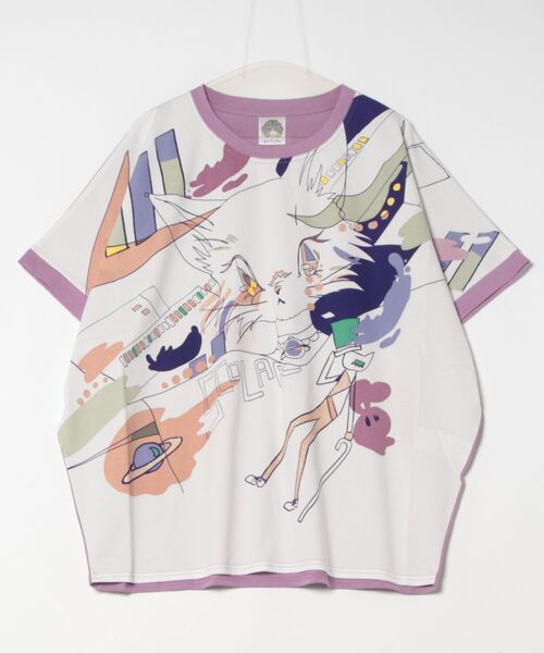 ScoLar（スカラー）の「151651：アニメ風ネコ柄 バイカラープルオーバー（Tシャツ/カットソー・レディース・ベージュ/パープル/ブルー・M）」の3枚目の写真