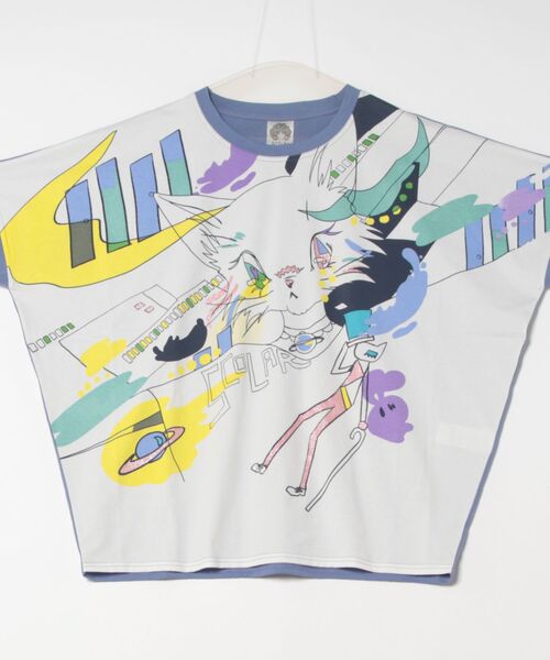 ScoLar（スカラー）の「151651：アニメ風ネコ柄 バイカラープルオーバー（Tシャツ/カットソー・レディース・ベージュ/パープル/ブルー・M）」の5枚目の写真