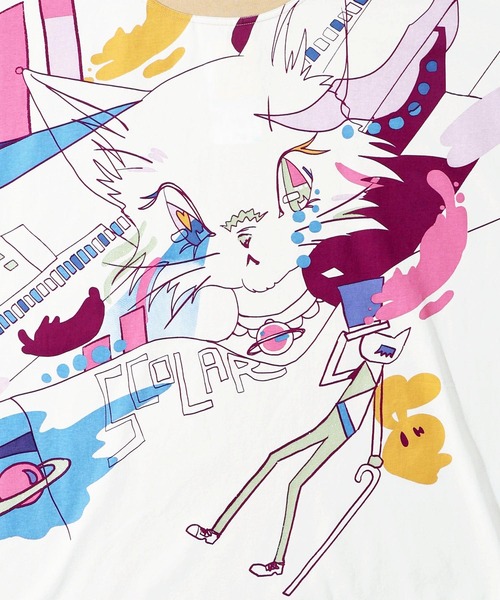 ScoLar（スカラー）の「151651：アニメ風ネコ柄 バイカラープルオーバー（Tシャツ/カットソー・レディース・ベージュ/パープル/ブルー・M）」の16枚目の写真