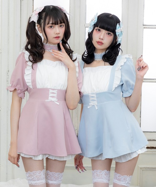 DearMyLove(ディアマイラブ)の「羽根チョーカーレースアップ半袖セットアップ(セットアップ・レディース・ベビーピンク/ブラック×ホワイト/ホワイト/サックスブルー・MEDIUM/LARGE/LL/3L)」の3枚目の写真