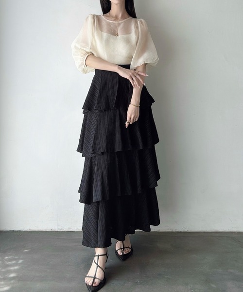 Meiru（メイル）の「楊柳ティアードスカート（スカート・レディース・ブラック/グレイッシュベージュ/チャコール・MEDIUM/LARGE/SMALL）」の4枚目の写真