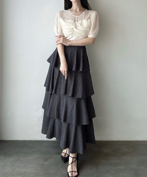 Meiru（メイル）の「楊柳ティアードスカート（スカート・レディース・ブラック/グレイッシュベージュ/チャコール・MEDIUM/LARGE/SMALL）」の11枚目の写真