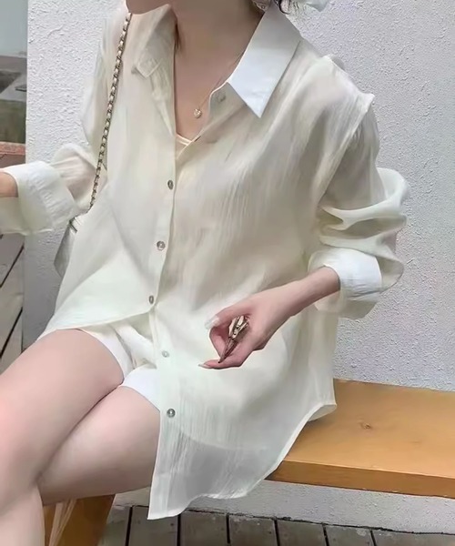 aimoha(アイモハ)の「バックスリットオーバーサイズシアーシャツ(シャツ/ブラウス・レディース・パープル/ライトベージュ/ホワイト/ピンク/ブルー/イエロー・FREE)」の16枚目の写真
