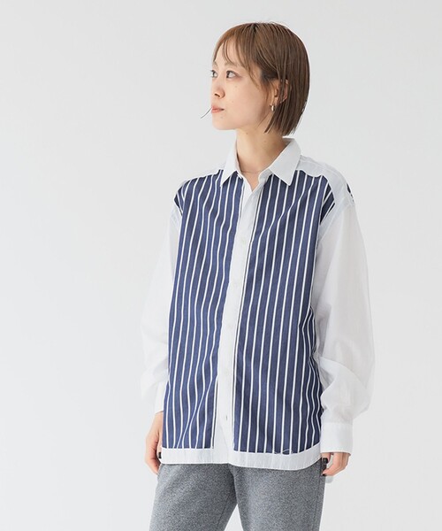 maturelyストライプシャツ セール】maturely / ストライプ アンド ソリッド カットオフ ロング