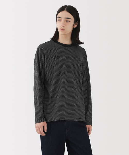 紳士 天竺編みクルーネック長袖Tシャツ（ボーダー）（Tシャツ