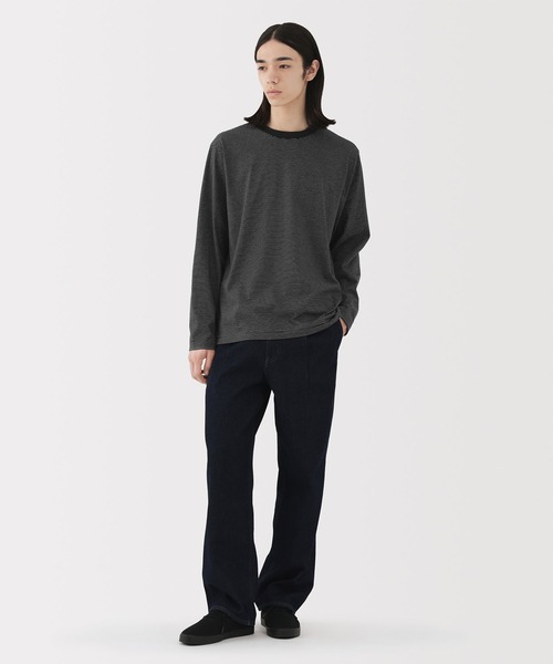 紳士 天竺編みクルーネック長袖Tシャツ（ボーダー）（Tシャツ