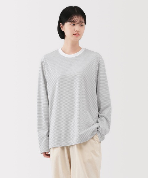 無印良品（ムジルシリョウヒン）の「紳士　天竺編みクルーネック長袖Ｔシャツ（ボーダー）（Tシャツ/カットソー・メンズ・ネイビー系/ダークブラウン系/ホワイト系/ブラック系・S/M/L/XL）」の9枚目の写真