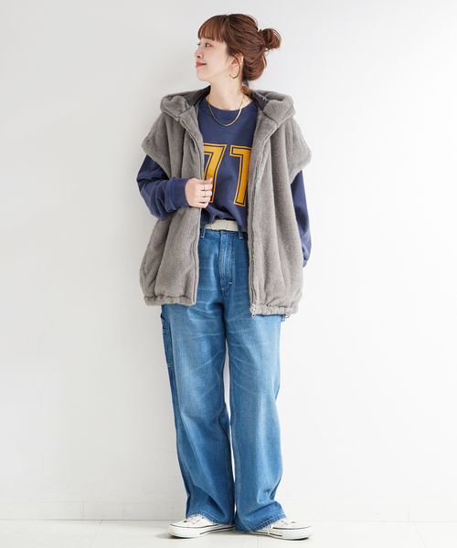 B.C STOCK フード付きミンク調ファーベスト 手洗い可 / フード付きミンク調ファーベスト（その他アウター）｜B.C