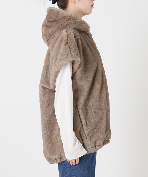 B.C STOCK フード付きミンク調ファーベスト 手洗い可 / フード付きミンク調ファーベスト（その他アウター）｜B.C