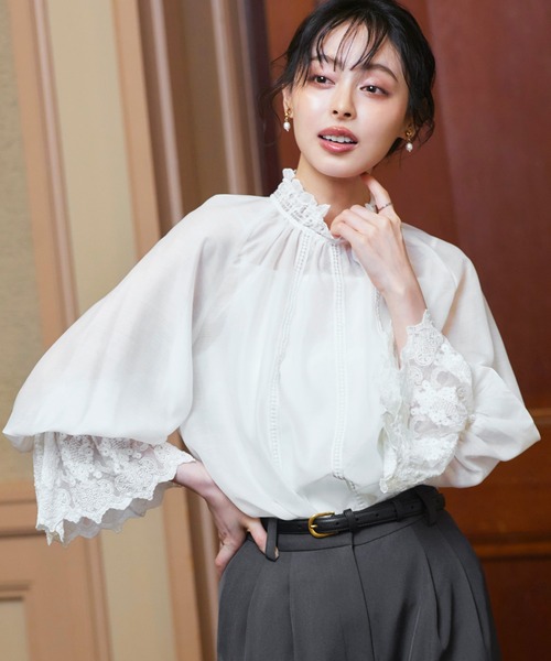 洗える ｜ シアー ボリューム レース ブラウス ｜ 長袖 シアートップス