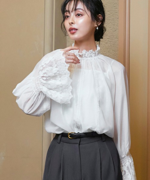 洗える ｜ シアー ボリューム レース ブラウス ｜ 長袖 シアートップス