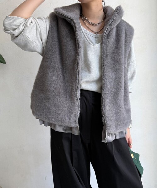 DouDou（ドゥドゥ）の「【WEB限定】エコミンクファーベスト（ベスト・レディース・グレー/モカ・FREE）」の9枚目の写真