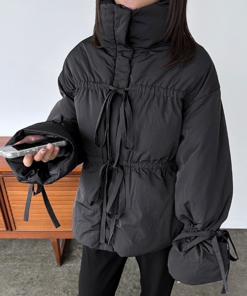 リボンデザインハイネックミドル丈アウター（ダウンジャケット/コート
