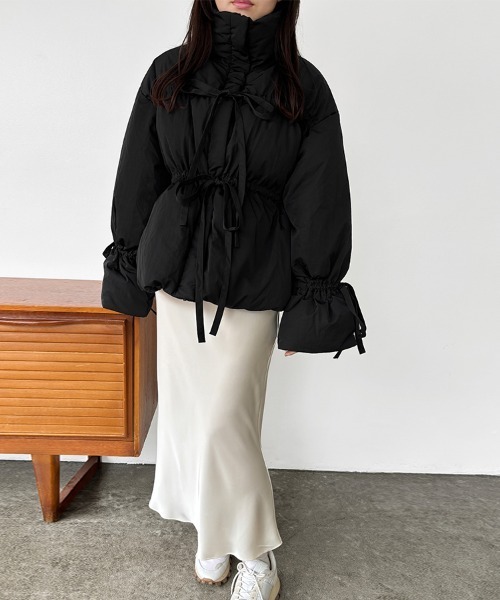 リボンデザインハイネックミドル丈アウター（ダウンジャケット/コート