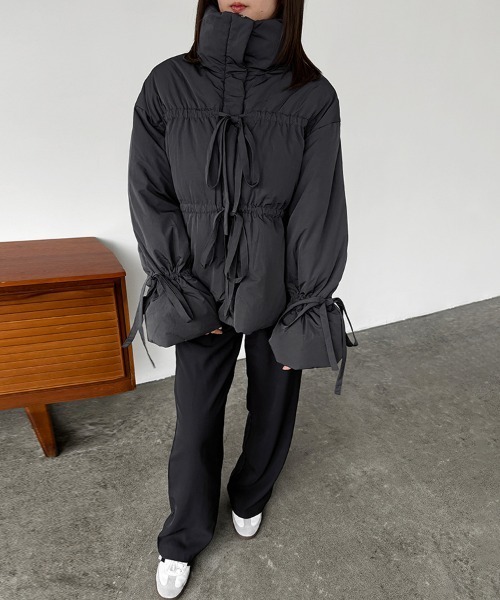 リボンデザインハイネックミドル丈アウター（ダウンジャケット/コート