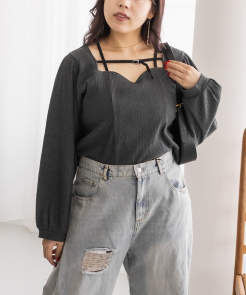 CLETTE（クレット）の「CLETTEオリジナルデコルテベルトハートネック長袖プルオーバー（Tシャツ/カットソー・レディース・チャコールグレー/オフホワイト/ブラック・LL/4L/3L）」の3枚目の写真