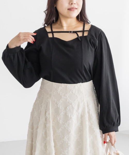 CLETTE（クレット）の「CLETTEオリジナルデコルテベルトハートネック長袖プルオーバー（Tシャツ/カットソー・レディース・チャコールグレー/オフホワイト/ブラック・LL/4L/3L）」の9枚目の写真