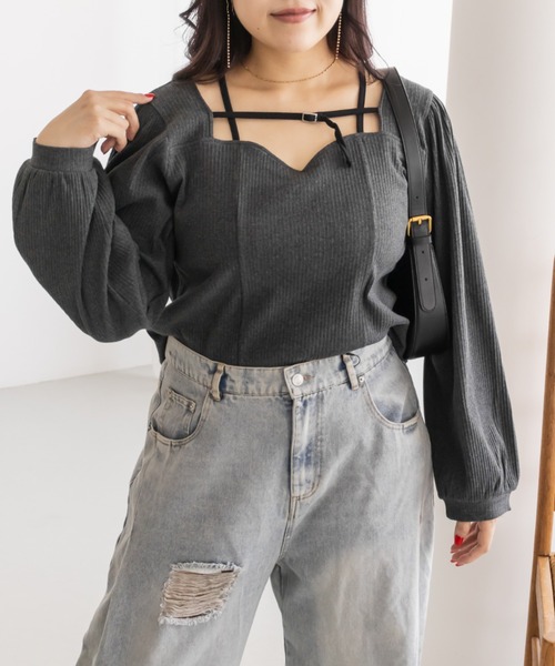 CLETTE（クレット）の「CLETTEオリジナルデコルテベルトハートネック長袖プルオーバー（Tシャツ/カットソー・レディース・チャコールグレー/オフホワイト/ブラック・LL/4L/3L）」の15枚目の写真