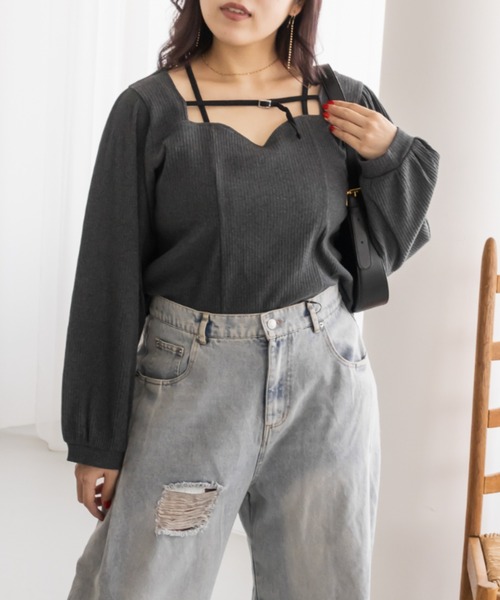 CLETTE（クレット）の「CLETTEオリジナルデコルテベルトハートネック長袖プルオーバー（Tシャツ/カットソー・レディース・チャコールグレー/オフホワイト/ブラック・LL/4L/3L）」の13枚目の写真