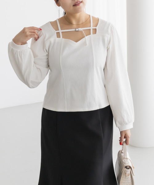 CLETTE（クレット）の「CLETTEオリジナルデコルテベルトハートネック長袖プルオーバー（Tシャツ/カットソー・レディース・チャコールグレー/オフホワイト/ブラック・LL/4L/3L）」の4枚目の写真