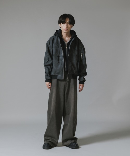 セール】Layered-Style Hooded Leather Jacket / レイヤード風