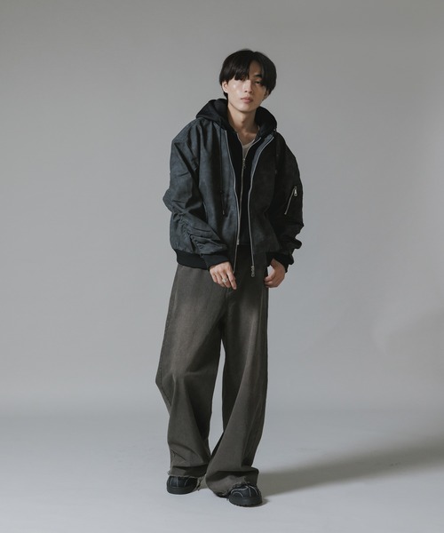 セール】Layered-Style Hooded Leather Jacket / レイヤード風