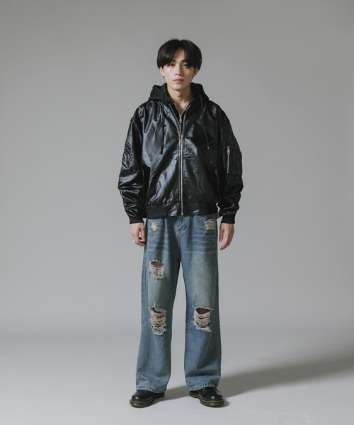 セール】Layered-Style Hooded Leather Jacket / レイヤード風